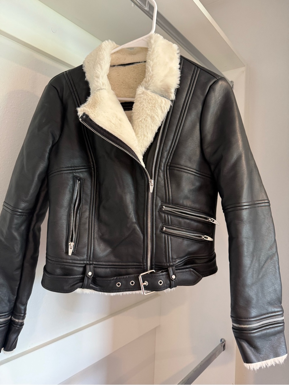 Black Faux Leather Shearling-Trim Jacket - Women